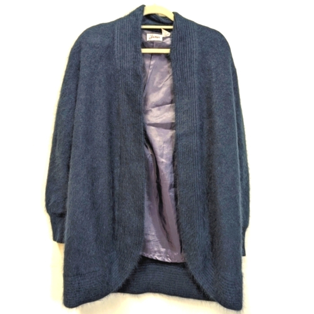 Vintage Oversized Open Front Cardigan Sweater Coat Blue Angora M Mohair 90s